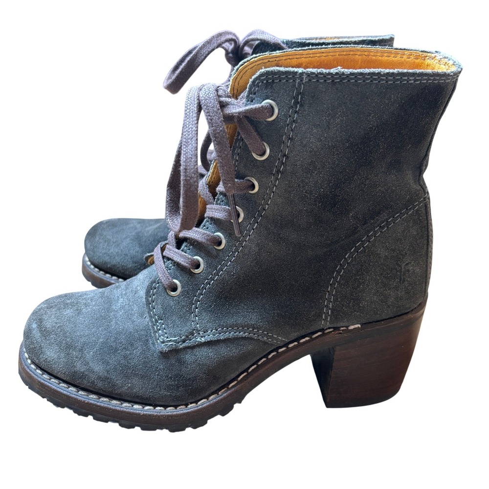 Frye Sabrina 6G Lace Up Boots Grey Suede Stacked Block Heel Lug Sole Size 6